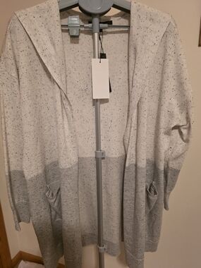 Speckled Two-Tone Open-Front Hooded Cardigan - Light Gray/Gray